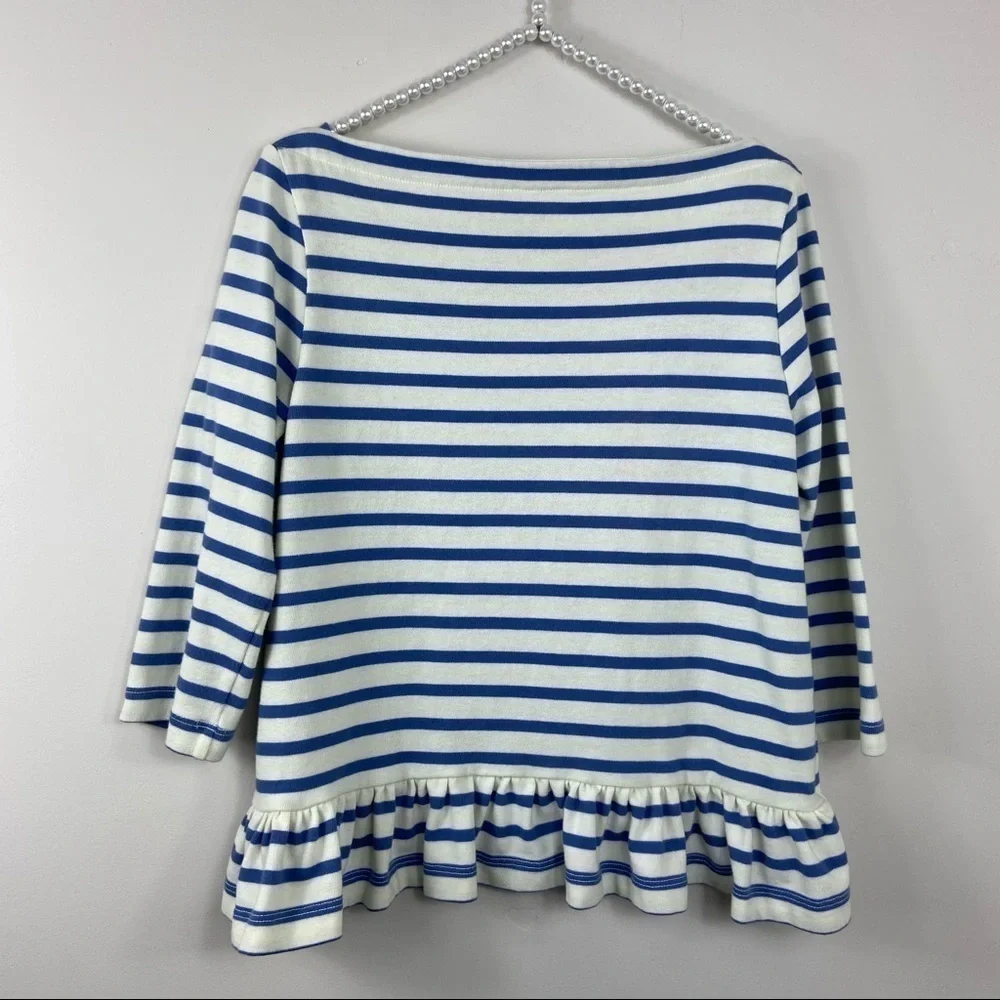Kate Spade Stripe Brooke Street Ruffle Blue & Cream Pima Cotton Top Large